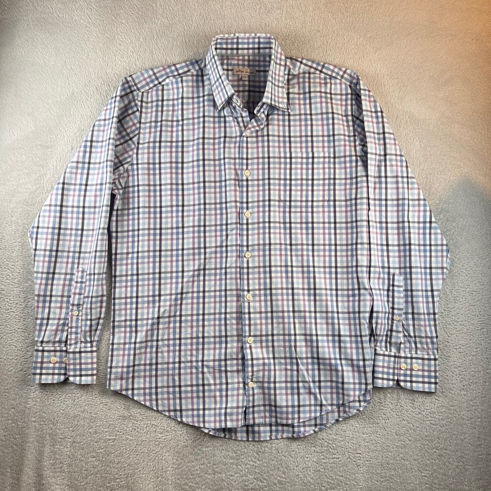 Peter Millar Mens Blue Purple Plaid Long Sleeve Button Down Shirt Large